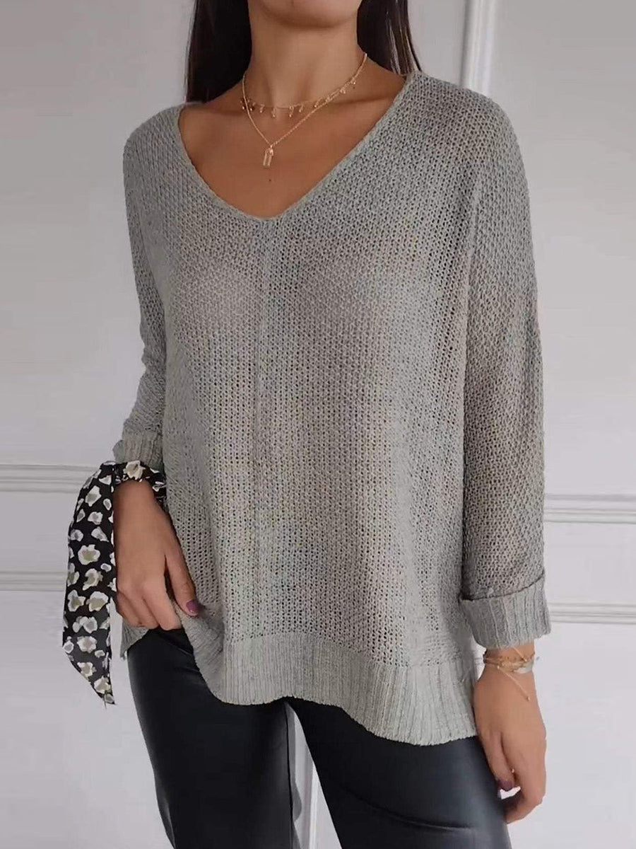 Casual Sweater Plain V-Neck Knitted Long Sleeve Tops