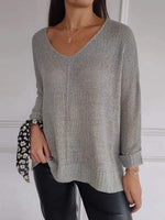 Casual Sweater Plain V-Neck Knitted Long Sleeve Tops