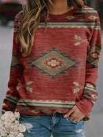 Red Casual Round Neck Long Sleeve Geometric Printed Sweatshirts