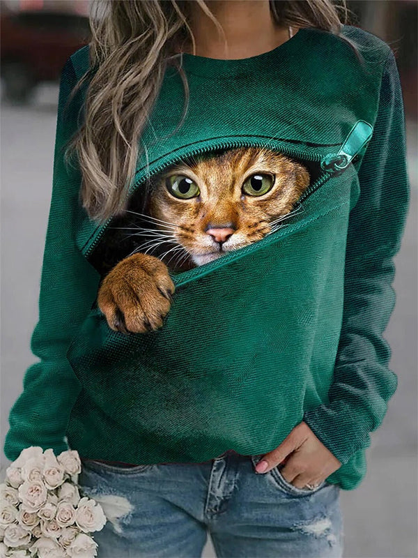 Green Casual Graphic Tops Round Neck Long Sleeve Zipper Cat Printed Sweatshirt