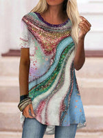 Casual Round Neck Short Sleeve Abstract Printed Blouse