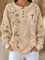 Casual Floral Henley Collar Long Sleeve Sweatshirt