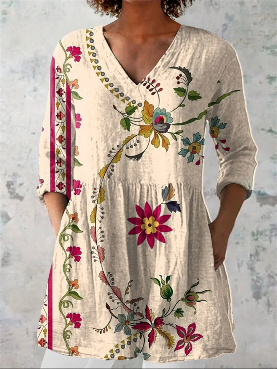 Women's Boho Flowers Art Print Casual V-Neck 3/4 Sleeve Shirt