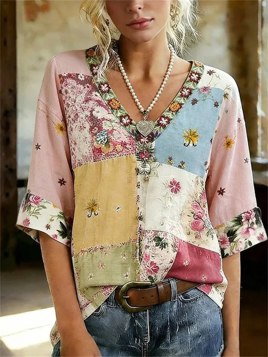 Vintage Floral Print V-neck Half Sleeve Blouse