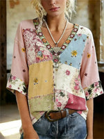 Vintage Floral Print V-neck Half Sleeve Blouse