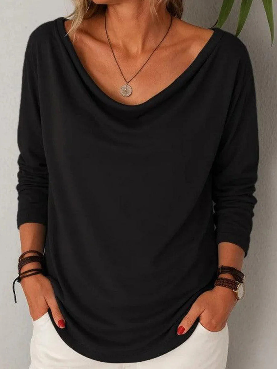 Breezy V-Neck Black Long Sleeve Plain Top