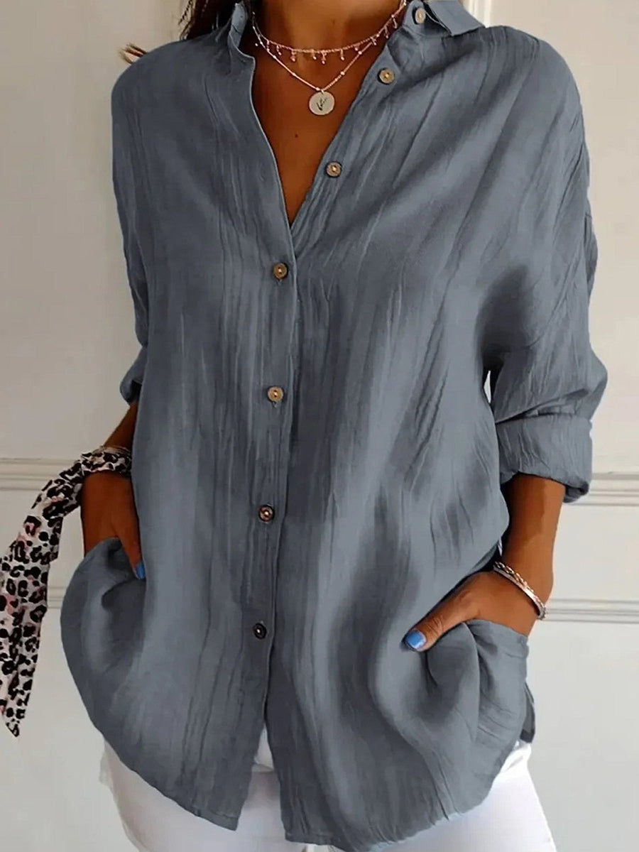 Solid Casual Buttoned Loose V Neck Blouse