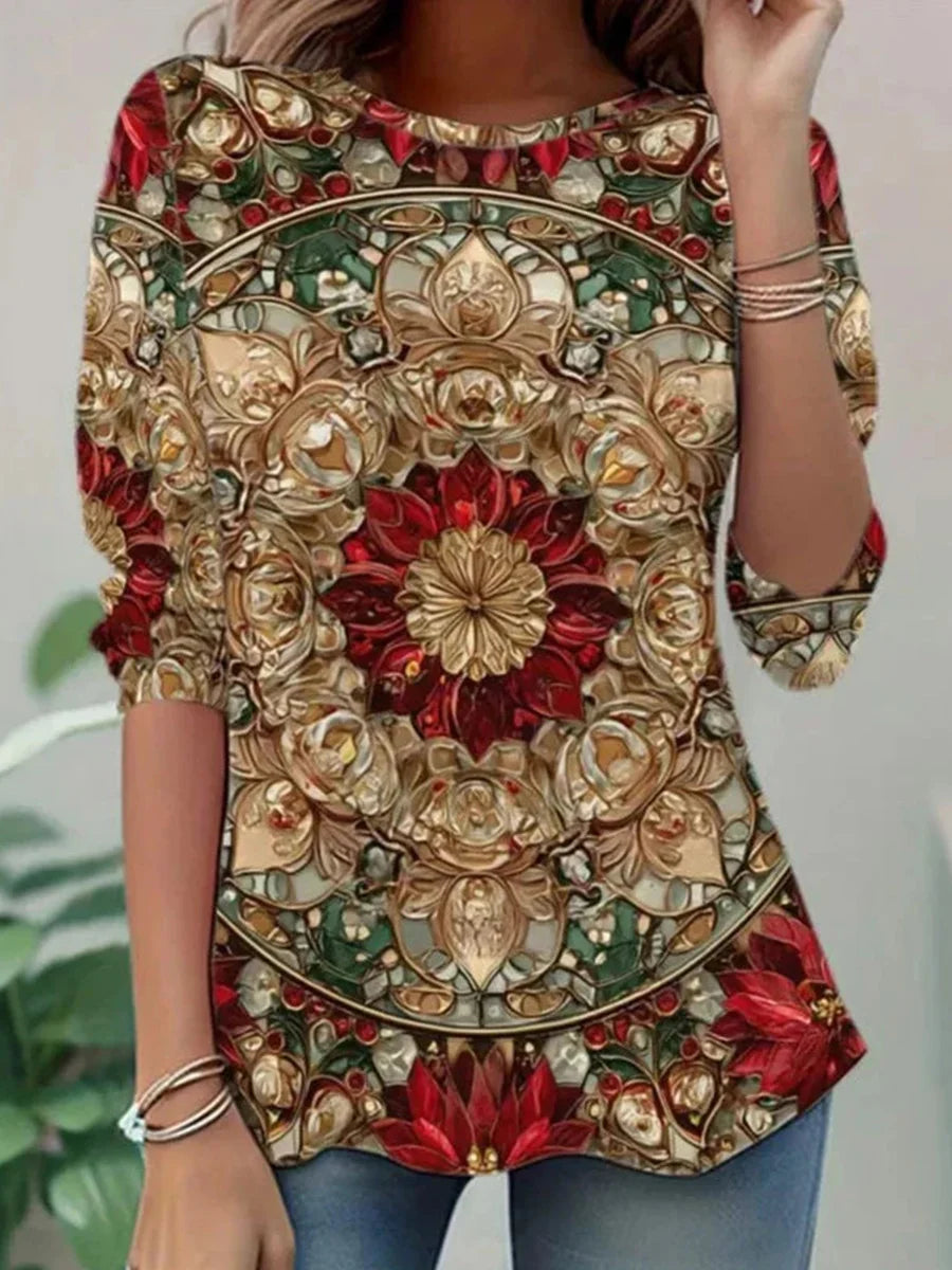 Vintage Floral Print Round Neck Long Sleeve T-Shirt