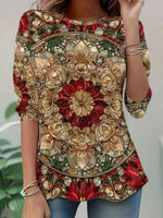 Vintage Floral Print Round Neck Long Sleeve T-Shirt