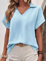 Blue Casual V Neck Solid Short Sleeve Blouse