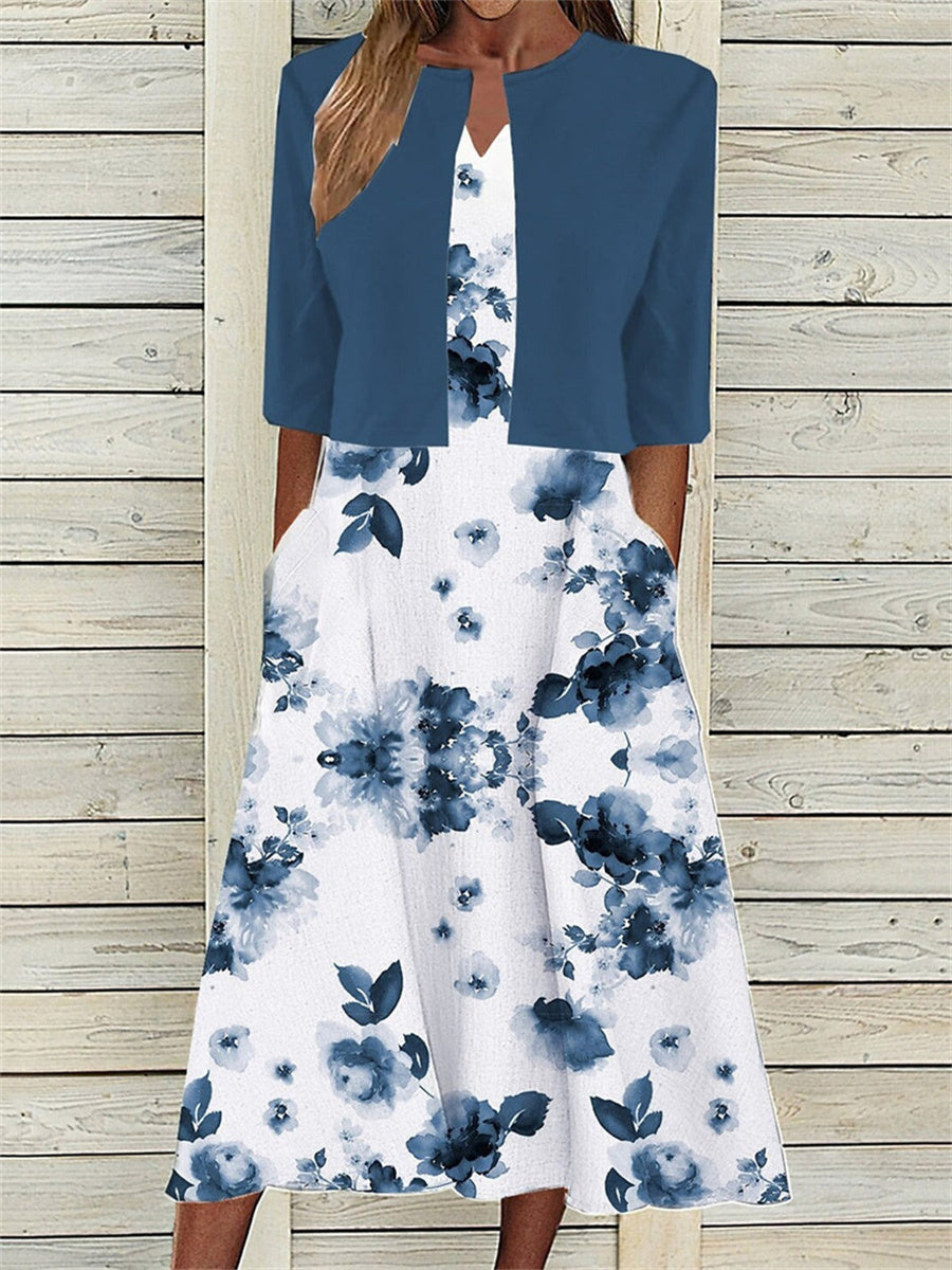 Women's Floral Print Midi Dress with Half Sleeve Open Front Jacket