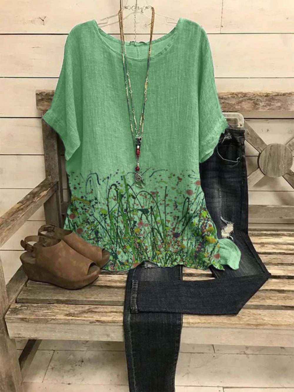 Crew Neck Casual Floral Print Short Sleeve Blouse