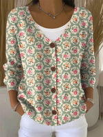 Floral Print V-neck Long Sleeve Buttoned Casual Loose Cardigan