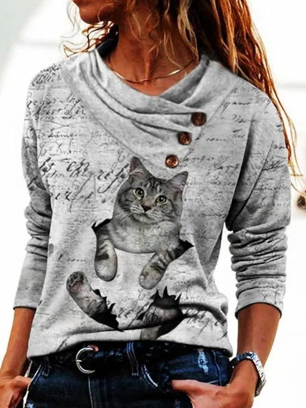 Gray Cute Graphic Tops Round Neck Long Sleeve Cat Printed Sweatshirts