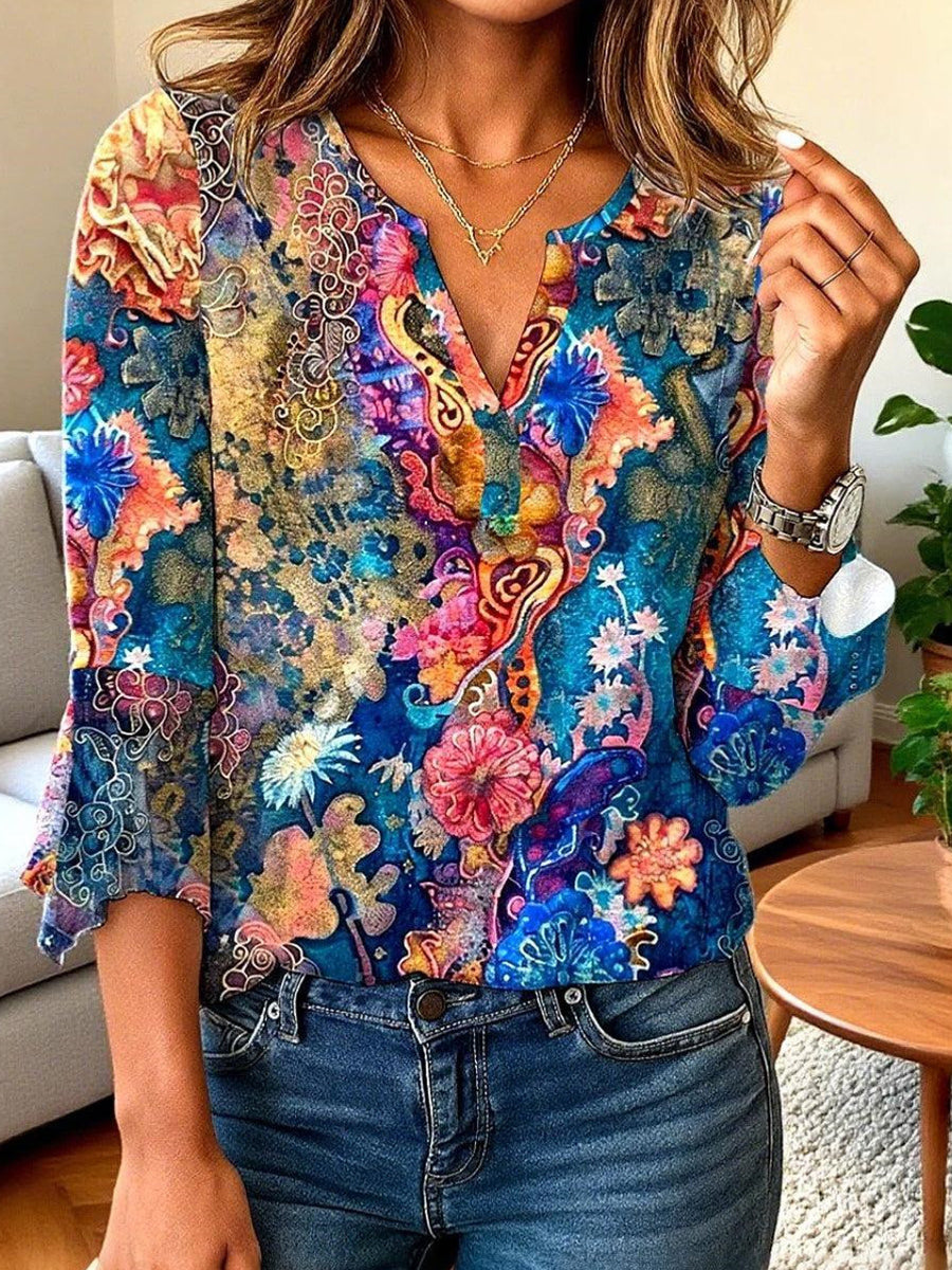 Fresh Blue V-neck 3/4 Sleeve Top