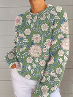 Women's Vintage Flower Art Print Casual Round Neck Long Sleeve Pullover Sweater