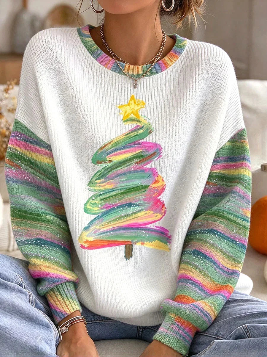 Women's Colorful Christmas Tree Round Neck Long Sleeve Sweater