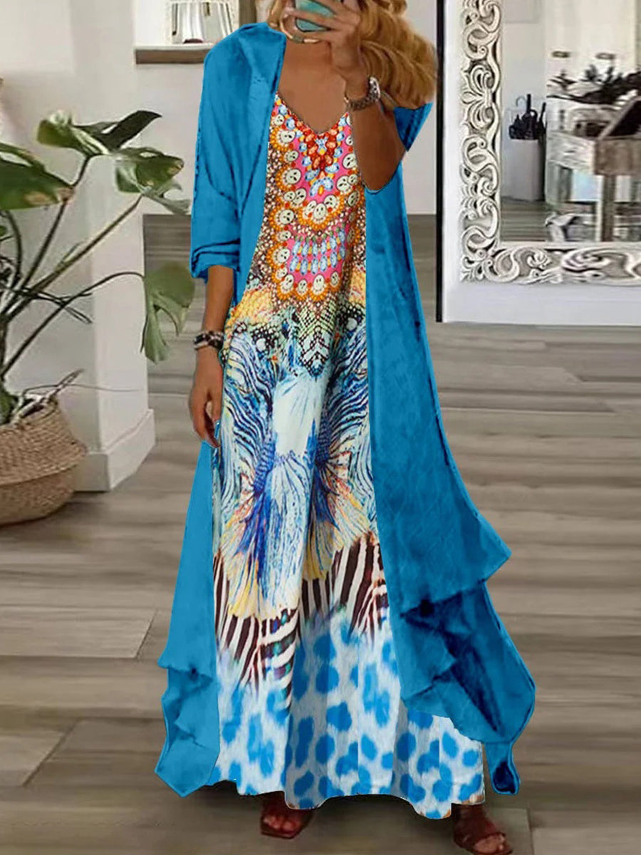 Women's Long Sleeve V-neck Graphic Printed Two Pieces Maxi Dress