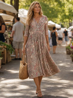 Multicolor Abstract Print V-Neck 3/4 Sleeve Midi Dress