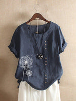 Women's Cotton Short Sleeve Top with Dandelion Print and Button Detail