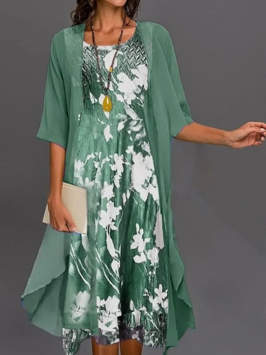 Women's Green Floral Layered Midi Dress with Chiffon Open-Front Cardigan