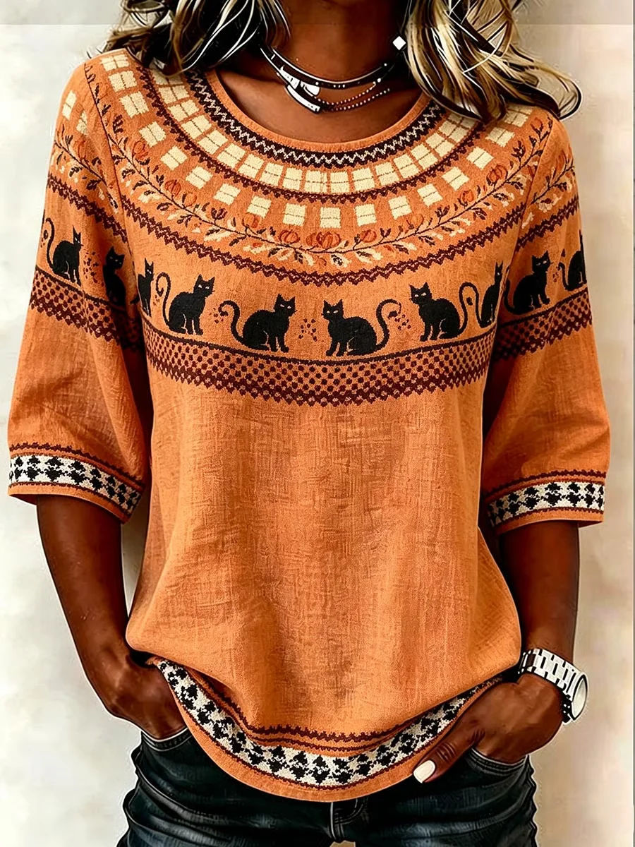 Crew Neck 3/4 Sleeve Halloween Printing Regular Micro-Elasticity Regular Fit Blouse For Women