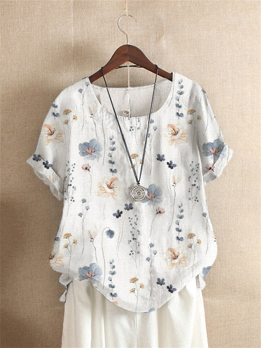 White Vintage Floral Printed Crew Neck Short Sleeve Blouse