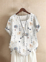 White Vintage Floral Printed Crew Neck Short Sleeve Blouse