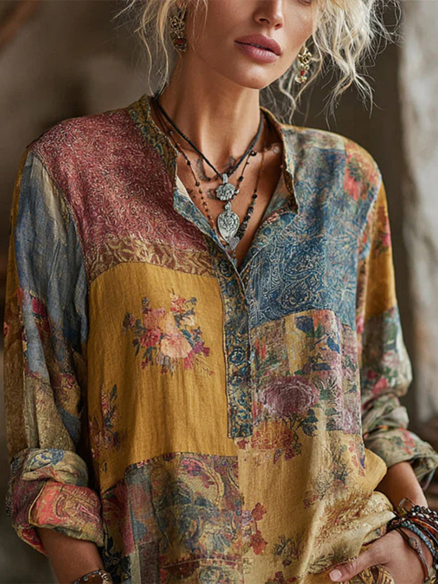 Vintage Floral Print Long Sleeve Blouse