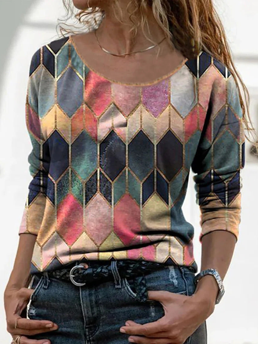 Red Casual Round Neck Color Block Printed Long Sleeve Blouse