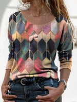 Red Casual Round Neck Color Block Printed Long Sleeve Blouse