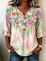 Gradient Watercolor Floral Ruffle 3/4 Sleeve V-neck Blouse