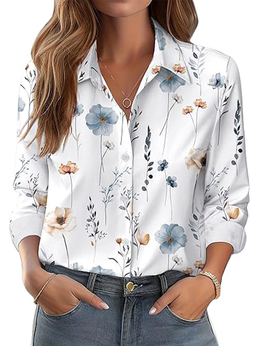 Casual Floral Printed Lapel Long Sleeve Blouse