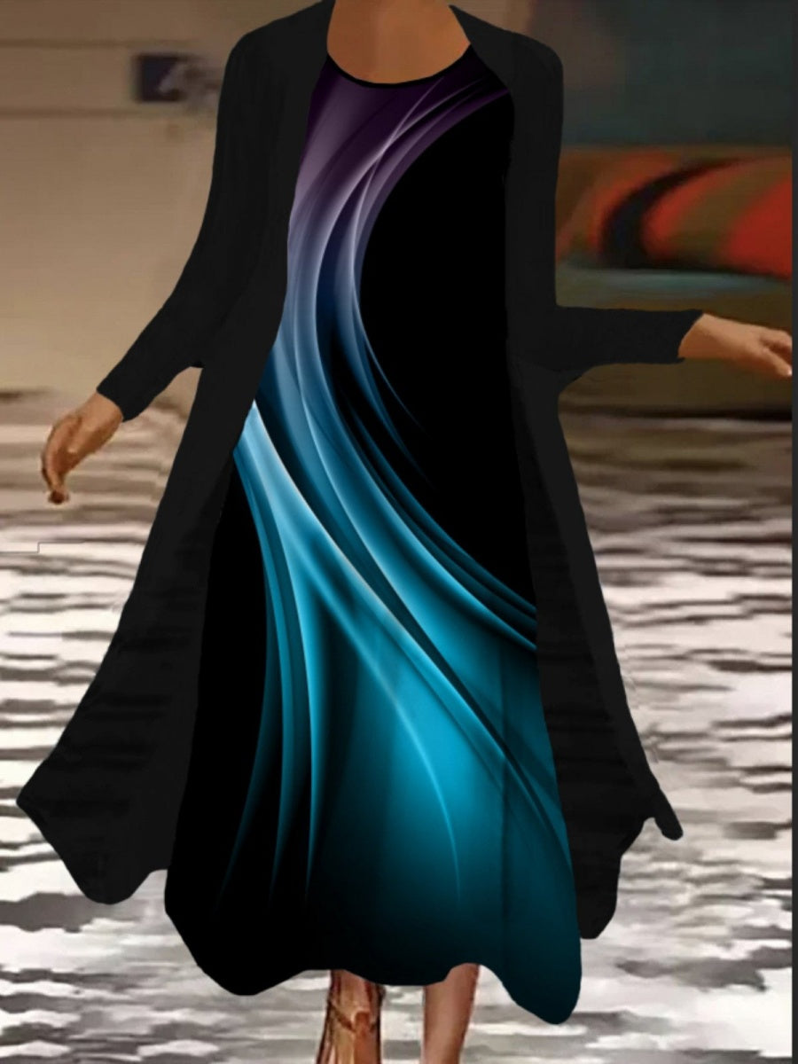 Abstract PrintedLong Sleeve Round Neck Two Piece Maxi Dress