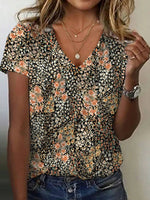 Vintage Floral Print V-neck Short Sleeve T-Shirt
