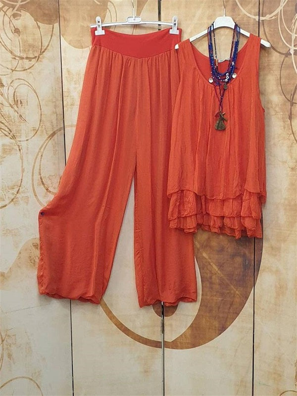 Orange Casual Style Ruffles Solid V-neck Sleeveless Two Piece Suit