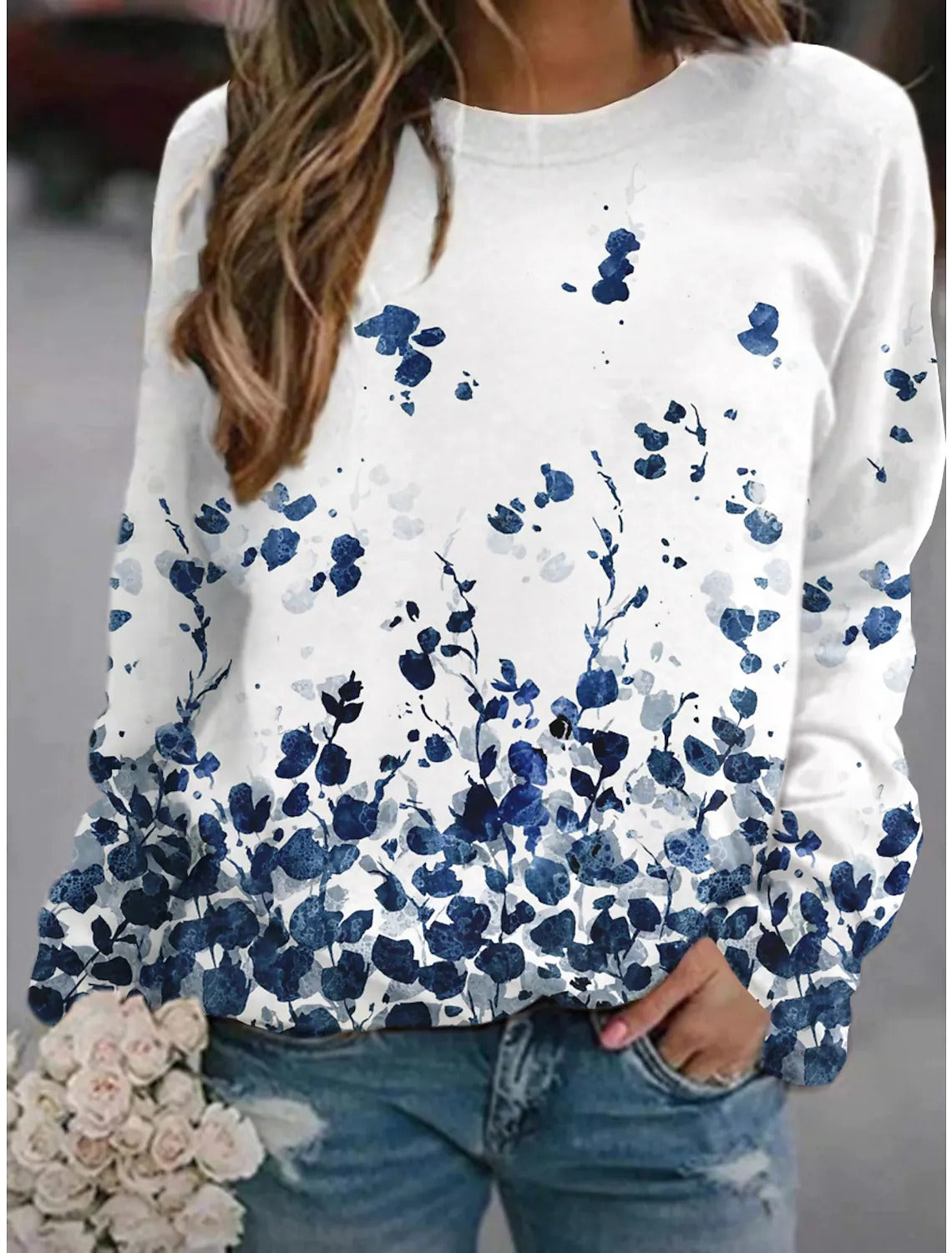 White Casual Round Neck Long Sleeve Floral Abstract Print Sweatshirt