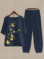 Navy Casual Round Neck Butterfly Printed Half Sleeve Two Piece Suit