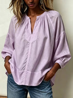 Women's V-neck 3/4 Sleeve Solid Shirt