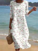 Casual Floral Print Round Neck 3/4 Sleeve Dress