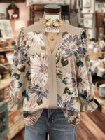 Vintage Floral Print V-neck Long Sleeve Blouse