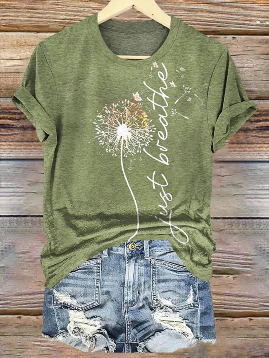 Vintage Dandelion Print Round Neck Short Sleeve T-Shirt