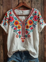 Vintage Floral Print V-neck Short Sleeve T-Shirt