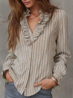 Casual Brown Striped Long Sleeve Blouse