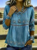 Round Neck 3/4 Sleeve Floral Regular Micro-Elasticity Loose Blouse
