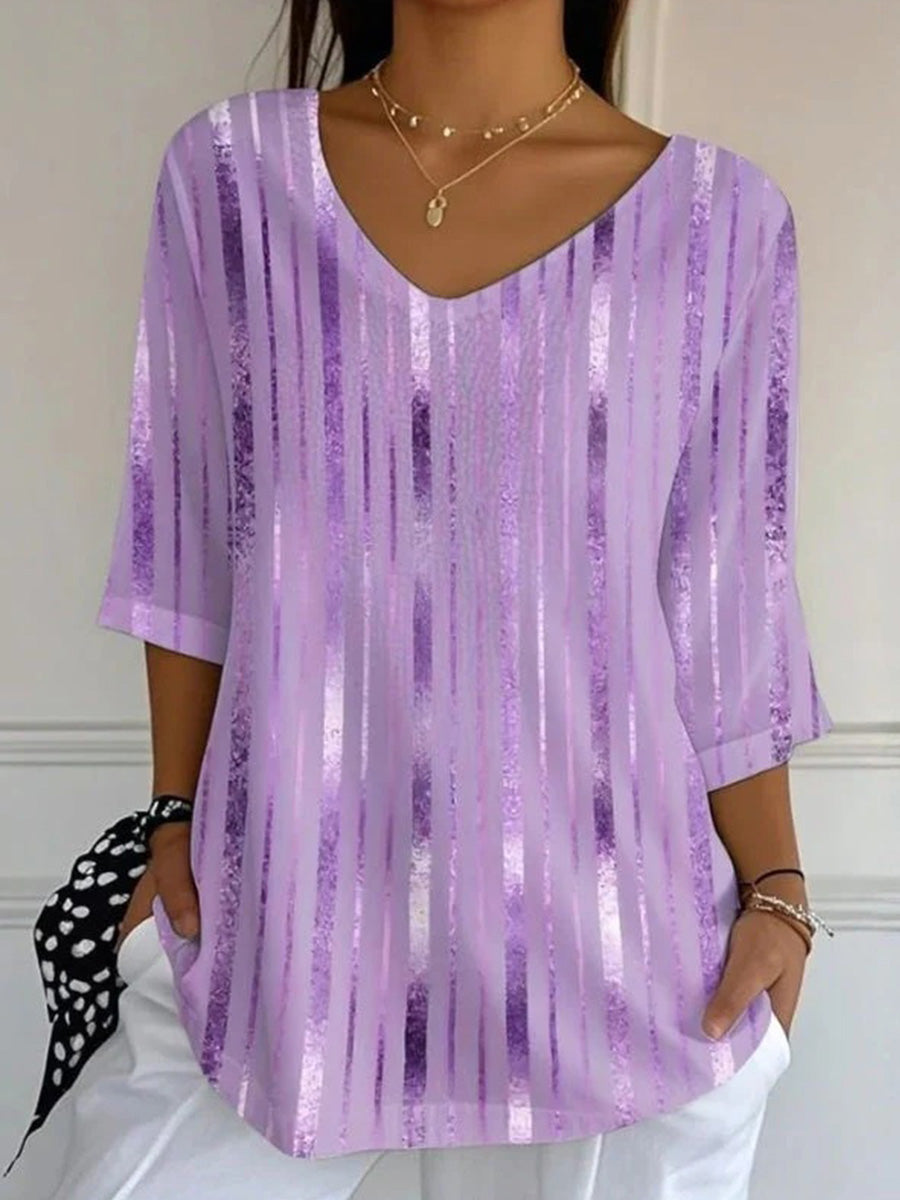 Casual Striped V-neck 3/4 Sleeve Blouse