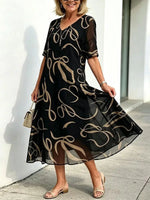 Black Abstract Line Chiffon V Neck Short Sleeve Midi Dress