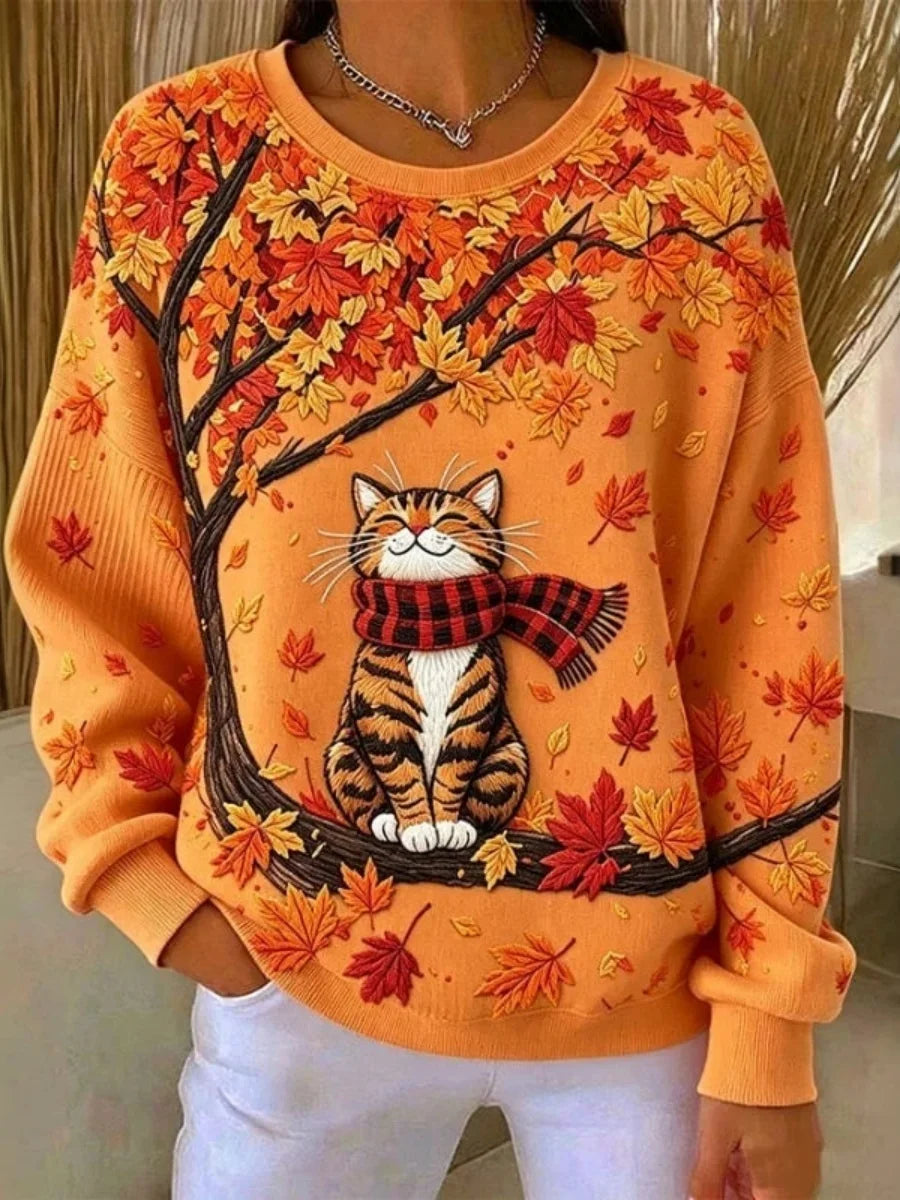 Casual Cat Print Round Neck Long Sleeve Sweatshirt