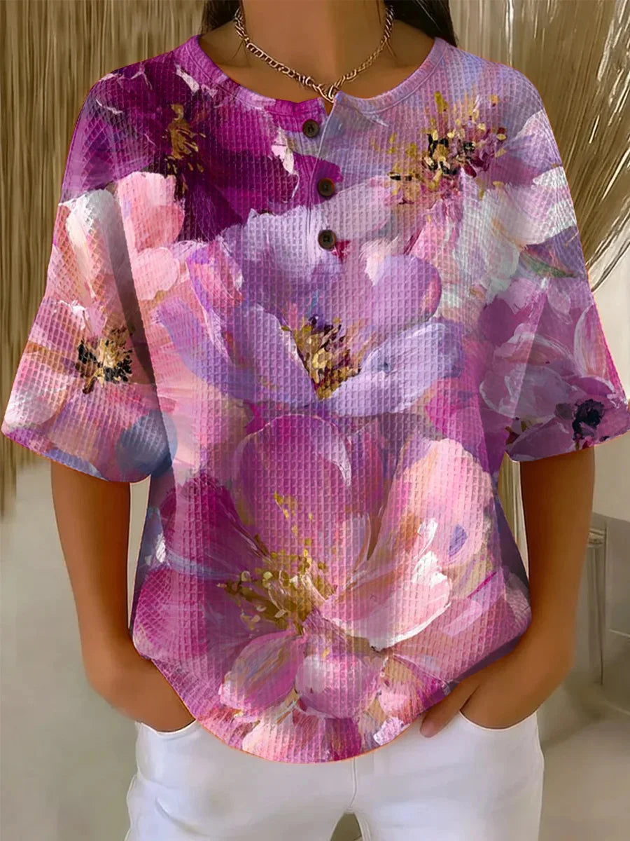 Women's Purple Flower Art Print Casual Short Sleeve Shirt
