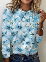 Round Neck Long Sleeve Floral Print Blue Top
